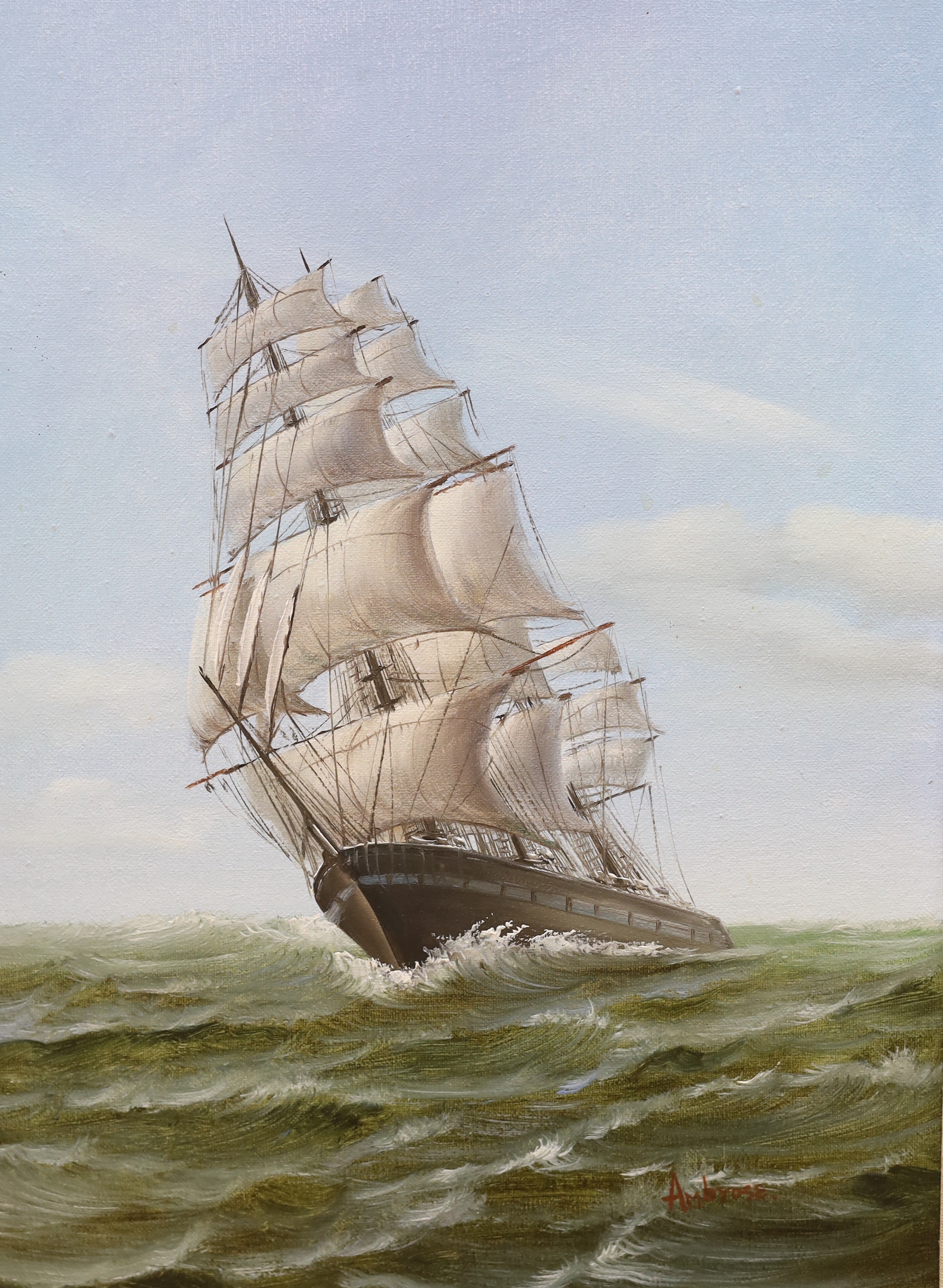 Ambrose, oil on canvas, Clipper ship at sea, signed, 40 x 29cm